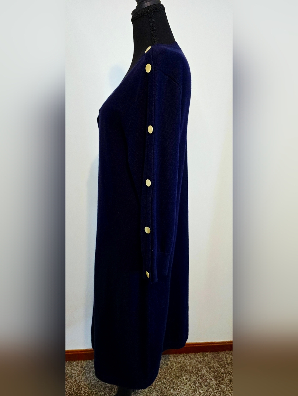 Talbots sweater dress navy gold button sleeve preppy knit v neck chic classic XL - Picture 7 of 10